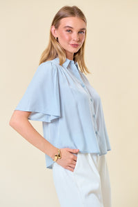 Lt.Blue Flutter Short Sleeve Flowy Button-Down Shirt
