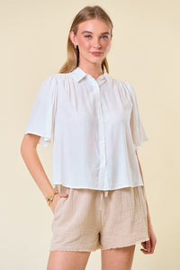 Off White Flutter Short Sleeve Flowy Button-Down Shirt
