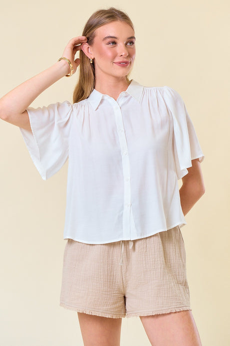 Off White Flutter Short Sleeve Flowy Button-Down Shirt