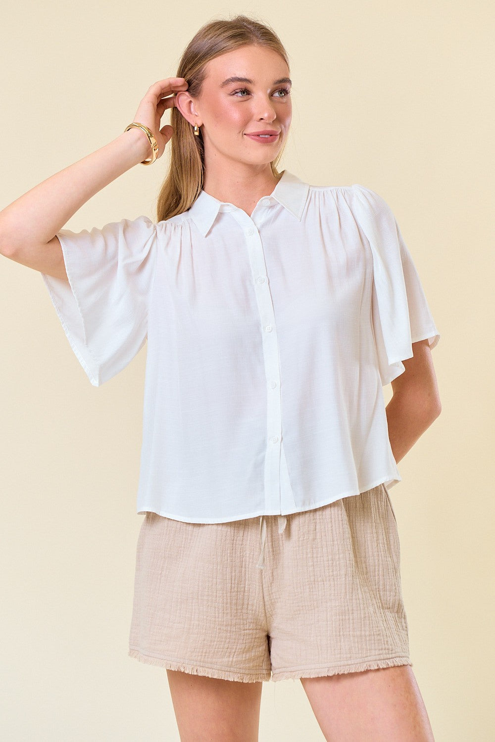 Off White Flutter Short Sleeve Flowy Button-Down Shirt