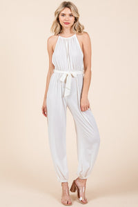 Off White Halter Neck Shirred Belted Split Leg Jumpsuit