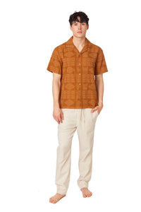 Brown Textured Short Sleeve Men's Button Down Shirt