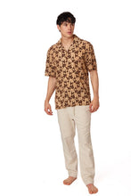 Brown Crochet Embroidered Leaf Short Sleeve Men Shirt