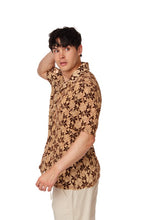 Brown Crochet Embroidered Leaf Short Sleeve Men Shirt