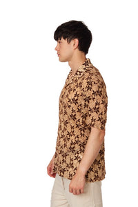 Brown Crochet Embroidered Leaf Short Sleeve Men Shirt