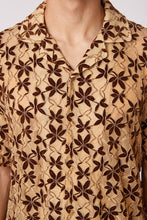 Brown Crochet Embroidered Leaf Short Sleeve Men Shirt