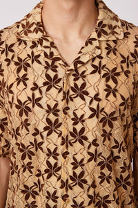 Brown Crochet Embroidered Leaf Short Sleeve Men Shirt