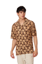 Brown Crochet Embroidered Leaf Short Sleeve Men Shirt