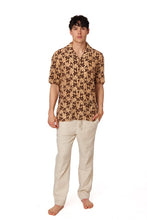 Brown Crochet Embroidered Leaf Short Sleeve Men Shirt