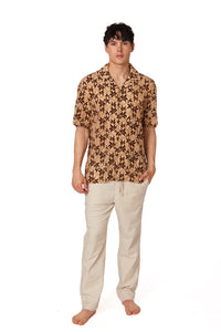 Brown Crochet Embroidered Leaf Short Sleeve Men Shirt