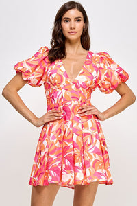 Pink Multi Tropical Multi Balloon Sleeve Dress