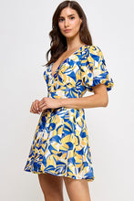 Blue Multi Tropical Multi Balloon Sleeve Dress