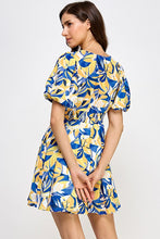 Blue Multi Tropical Multi Balloon Sleeve Dress