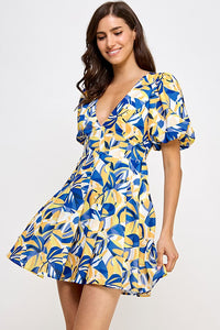 Blue Multi Tropical Multi Balloon Sleeve Dress