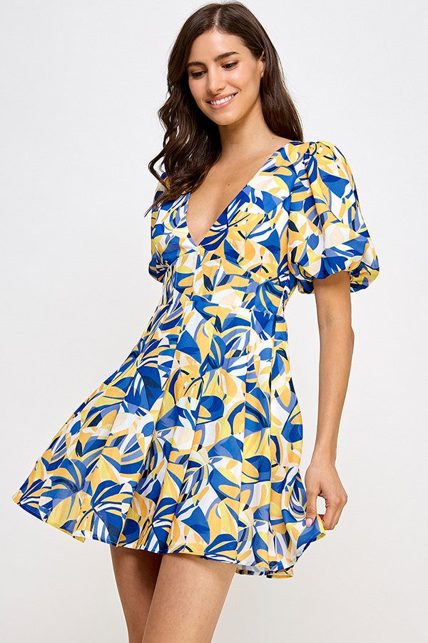 Blue Multi Tropical Multi Balloon Sleeve Dress