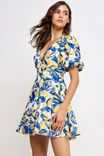 Blue Multi Tropical Multi Balloon Sleeve Dress