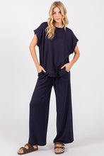 Navy Ribbed Round Neck Top And Pants Set