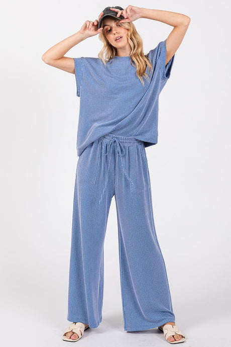 Blue Ribbed Round Neck Top And Pants Set