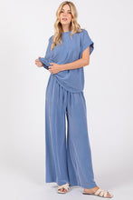 Blue Ribbed Round Neck Top And Pants Set