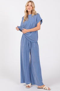 Blue Ribbed Round Neck Top And Pants Set