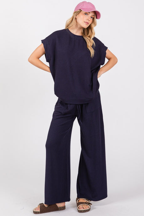 Navy Ribbed Round Neck Top And Pants Set