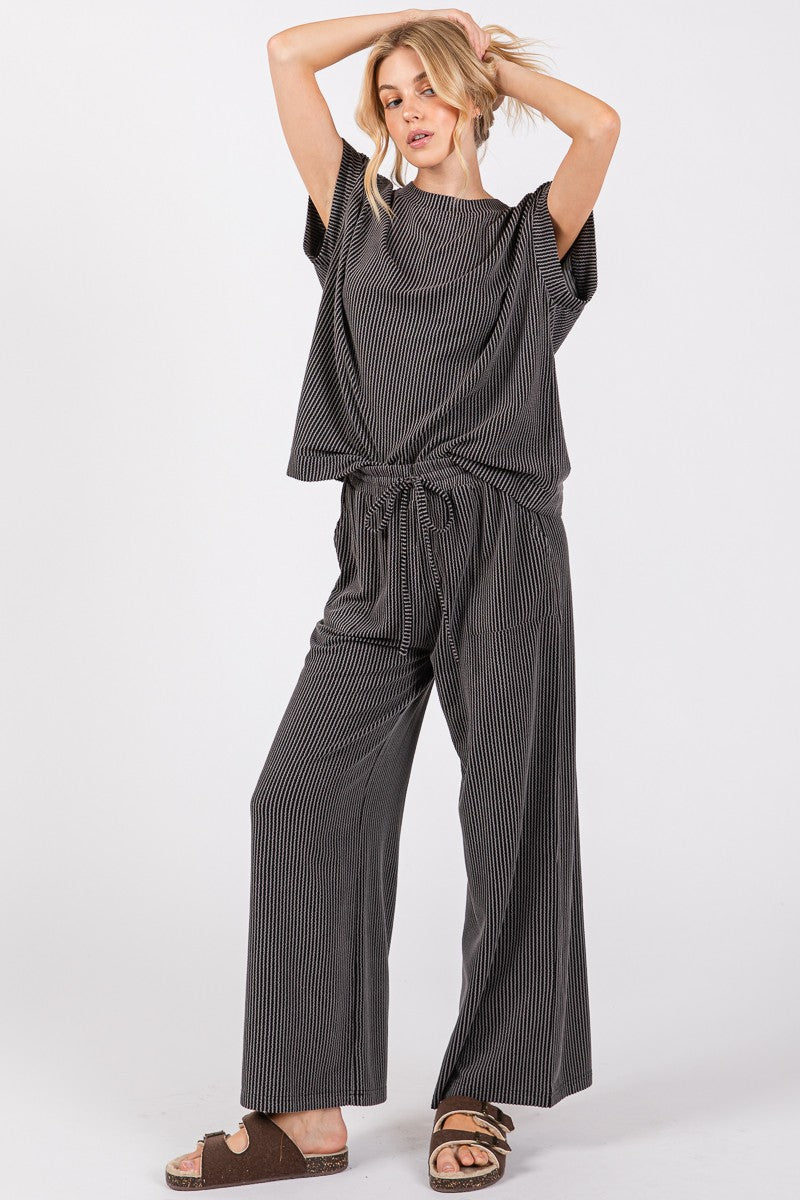 Black Ribbed Round Neck Top And Pants Set