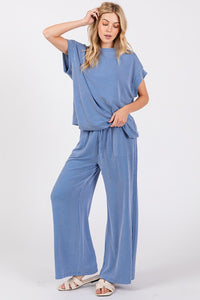 Blue Ribbed Round Neck Top And Pants Set