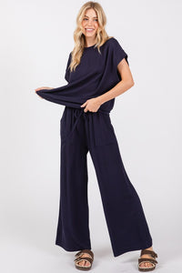 Navy Ribbed Round Neck Top And Pants Set