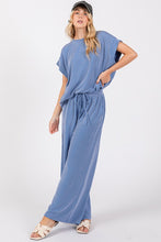 Blue Ribbed Round Neck Top And Pants Set