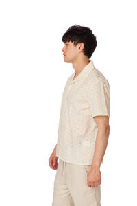 Cream Crochet Textured Short Sleeve Men's Cotton Shirt
