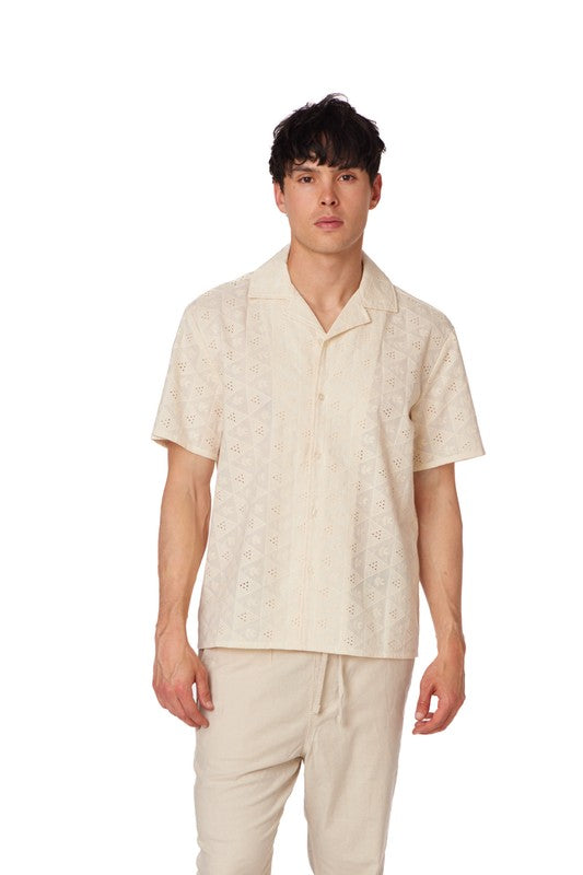 Cream Crochet Textured Short Sleeve Men's Cotton Shirt