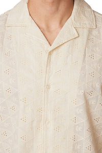 Cream Crochet Textured Short Sleeve Men's Cotton Shirt