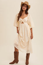 Cream Twist-Front Cutout Puff Sleeve Eyelet Midi Dress