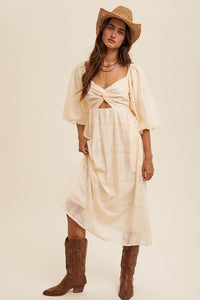 Cream Twist-Front Cutout Puff Sleeve Eyelet Midi Dress