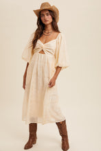 Cream Twist-Front Cutout Puff Sleeve Eyelet Midi Dress
