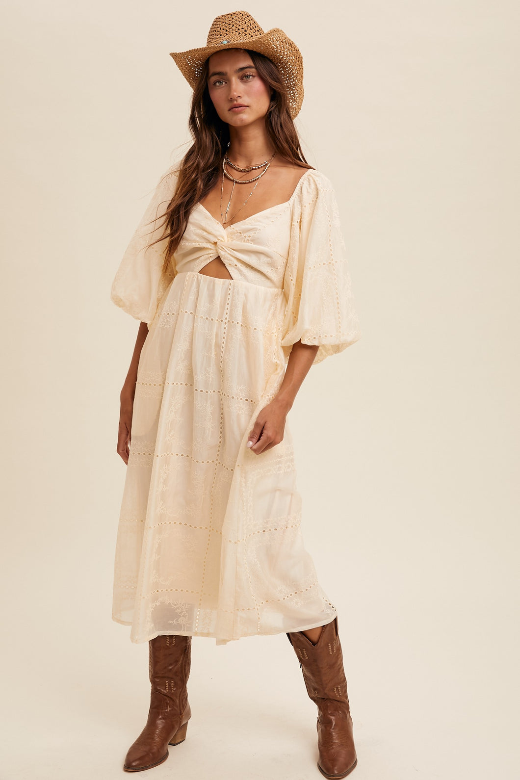Cream Twist-Front Cutout Puff Sleeve Eyelet Midi Dress