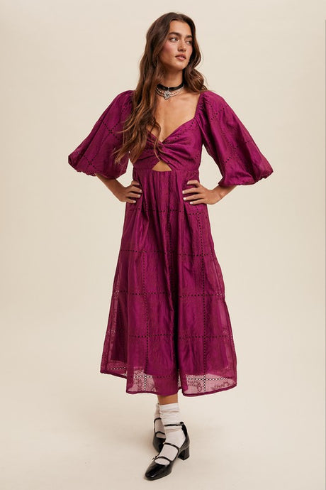 Plum Twist-Front Cutout Puff Sleeve Eyelet Midi Dress