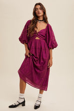 Plum Twist-Front Cutout Puff Sleeve Eyelet Midi Dress