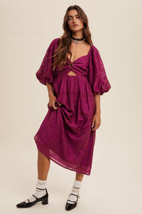 Plum Twist-Front Cutout Puff Sleeve Eyelet Midi Dress