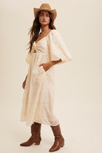 Cream Twist-Front Cutout Puff Sleeve Eyelet Midi Dress