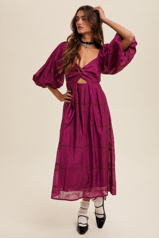 Plum Twist-Front Cutout Puff Sleeve Eyelet Midi Dress – Aquarius Brand