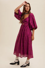 Plum Twist-Front Cutout Puff Sleeve Eyelet Midi Dress