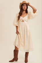 Cream Twist-Front Cutout Puff Sleeve Eyelet Midi Dress