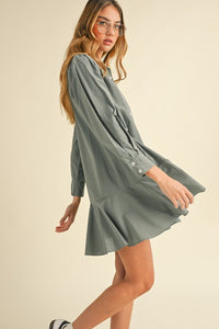 Dusty Blue Striped Flounce Hem Dress
