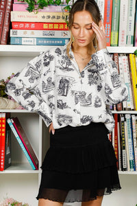 Cream/Black Long Sleeve Button Down Printed Shirt