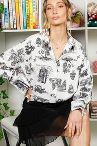 Cream/Black Long Sleeve Button Down Printed Shirt