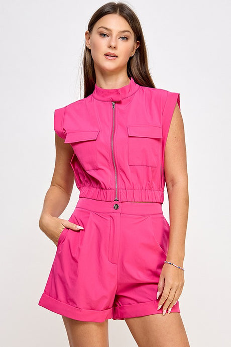 Pink Short Sleeve Flap Pocket Vest Top With Rolled Up Hem Short Set