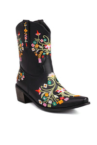Black Embroidered Chunky Heel Boots