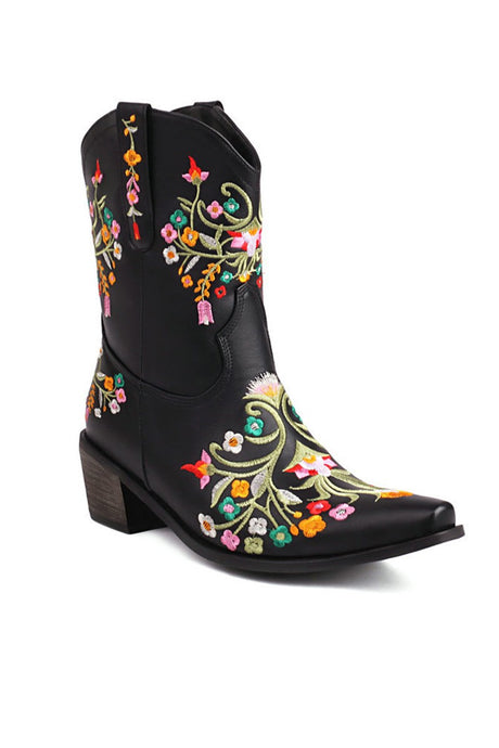 Black Embroidered Chunky Heel Boots