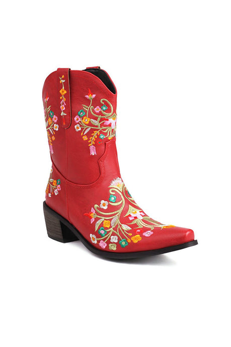 Red Embroidered Chunky Heel Boots